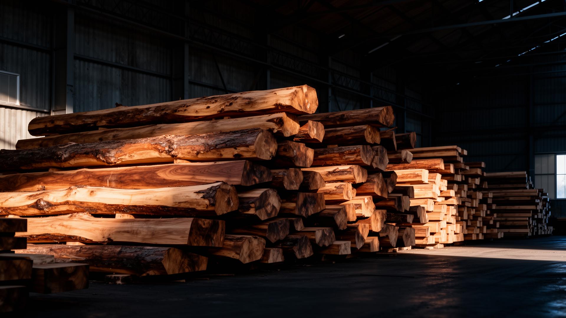 Almacén industrial con madera en bruto apilada